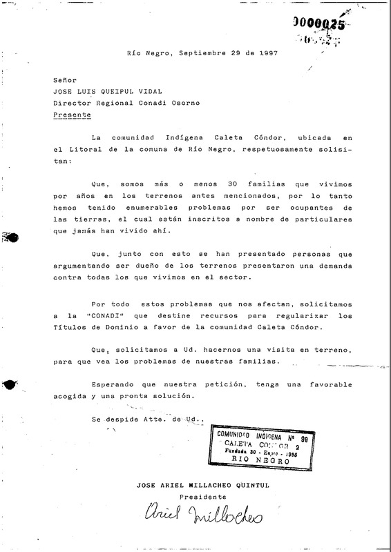 Carta 1997 septiembre 29, Río Negro, Chile [a] José Luis Queipul Vidal