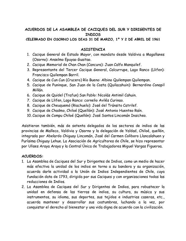 Acuerdos de la Asamblea de Caciques del Sur y Dirigentes de Indios