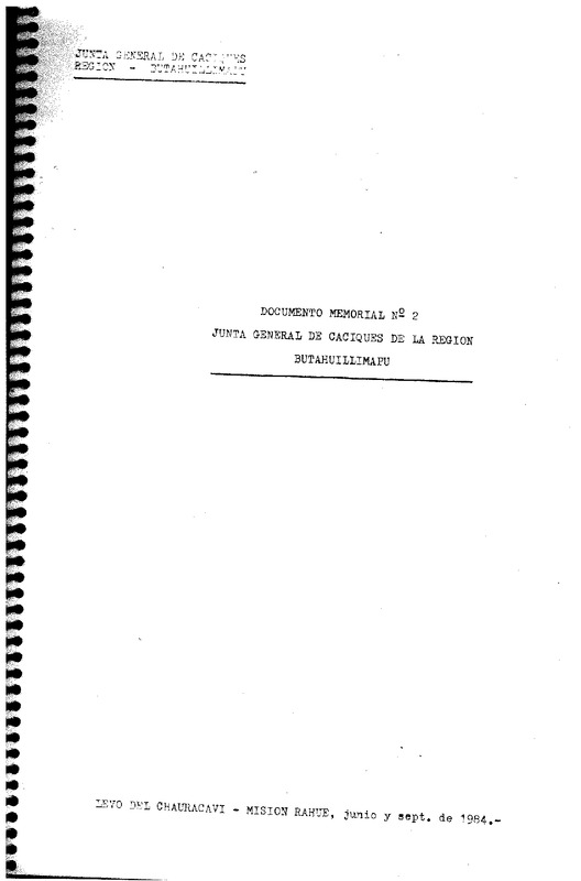 Documento Memorial N°2 Junta General de Caciques de la Región Butahuillimapu