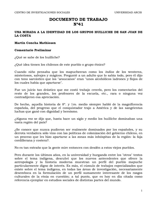 Una mirada a la identidad de los grupos huilliches de San Juan de la Costa: documento de trabajo n° 41
