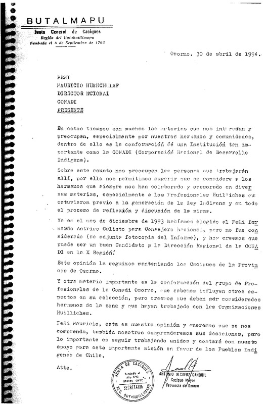 Carta 1994 abril 30, Osorno, Chile [a] Peñi Mauricio Huenchulaf